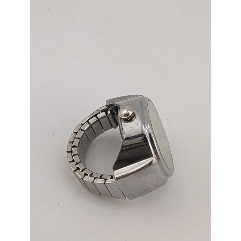 Stainless Steel Quartz Watch Ring Yellow Dial Silver Stretch Band- New Battery